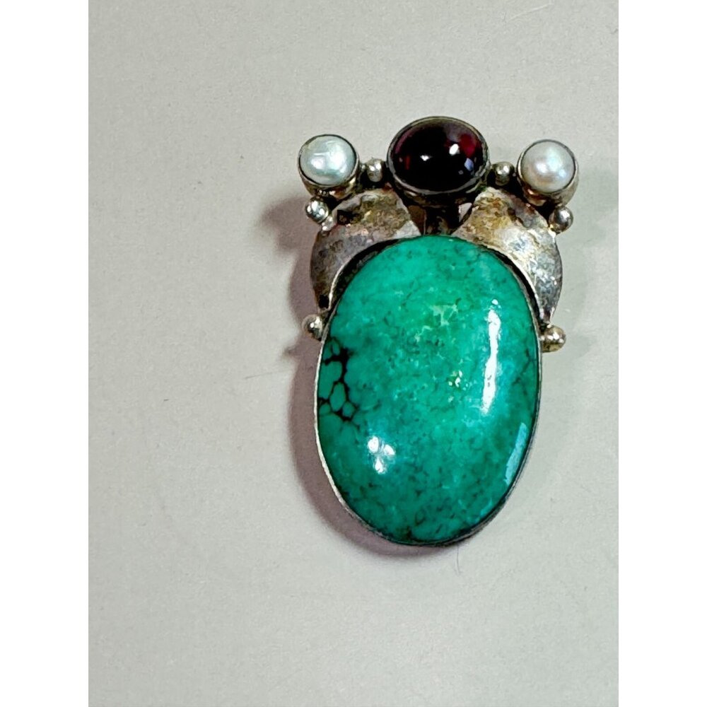 Vintage 925 Sterling Southwestern Green Howlite Pendant With Amethyst Accent - Picture 2 of 6